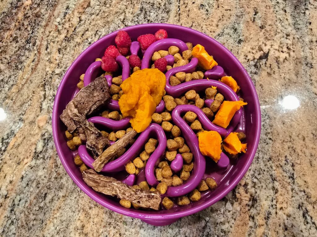 Weekly balanced dog bowl rotation showing variety and nutrition