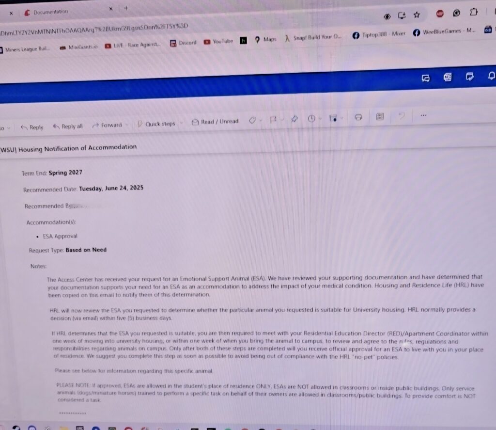 College email approving emotional support animal request pending pet documentation