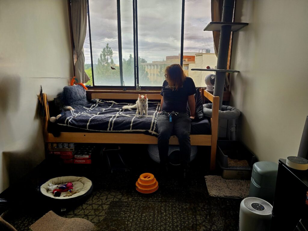 Luna resting in her college dorm room after the initial transition period