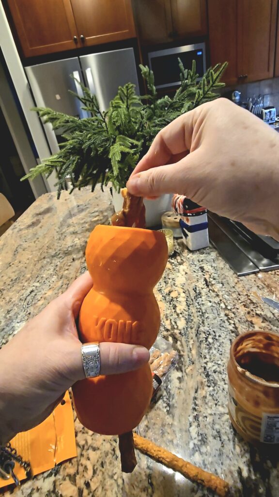 Stuffing a Kong toy with peanut butter as part of TPLO recovery essentials to provide mental stimulation during rest.