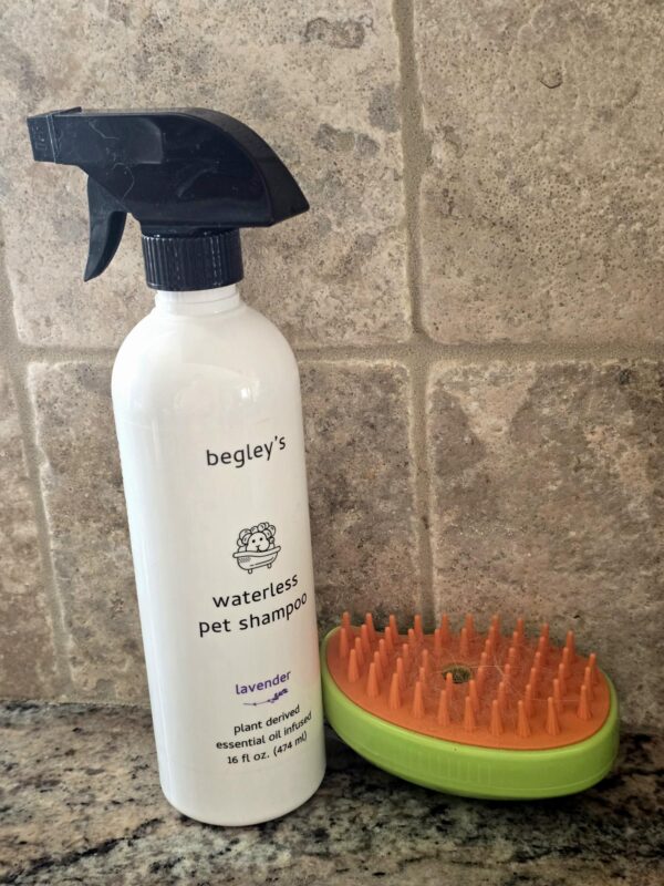 lavender pet shampoo and grooming brush used in everyday pet care routine